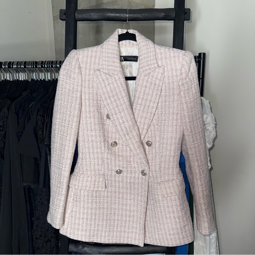 ZARA Pink Tweed Double-Breasted Blazer Jacket - Picture 5 of 17
